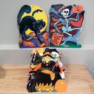 Vintage Die Cut Halloween Decorations EUREKA Black Cat, Witch, Skeleton Set of 3